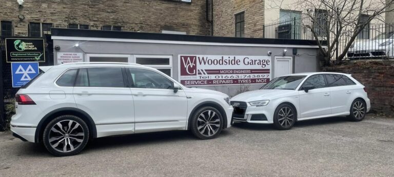 A customer's car outside Woodside Garage, New Mills