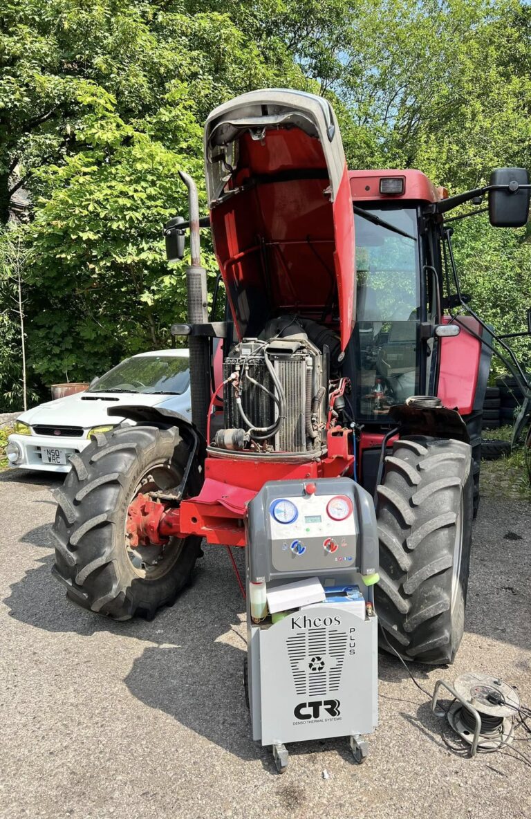 A tractor in for repairs at Woodside Garage