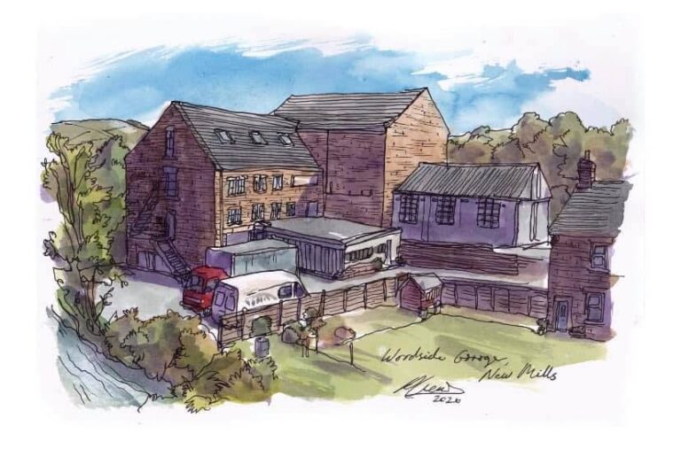 Watercolour sketch of the Woodside Garage buildings, New Mills